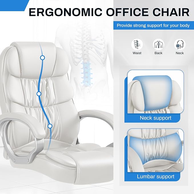 Furmax Leather High Back Office Chair Ergonomic Executive Office Chair Swivel Computer Desk Chair Lumbar Support Soft Cushioned Padded Arms (White)