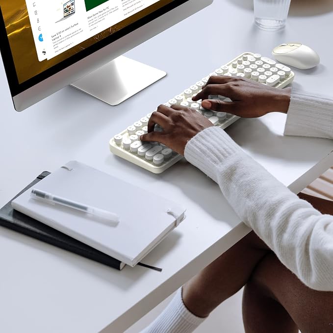 Dilter Wireless Keyboard and Mouse Combo, 104 Keys Full-Sized Typewriter Keyboards, 2.4 GHz USB Receiver Plug and Play, for Windows, PC, Laptop, Desktop (Cremy White)