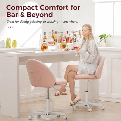 GTPLAYER Velvet Tall Office Chair with Wheels Vanity Chairs with Back, Versatile Height Use: Office to Bar Stools Small Ergonomic Comfy Armlees Computer Desk Chair with Bow Lumbar Pillow for Gift