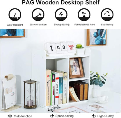 PAG Desktop Shelf Freestanding Wood Small Bookshelf Desk Supplies Organizers and Accessories Storage Display Rack Office Decor for Women, White