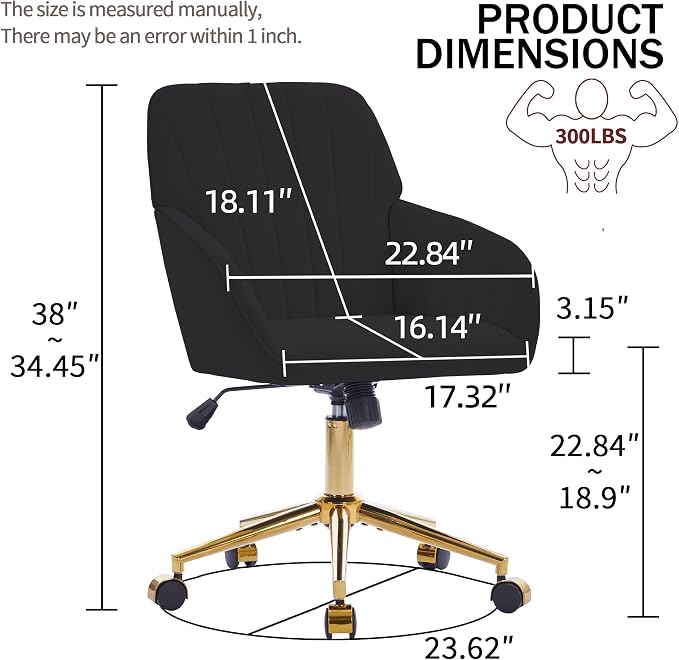 YITAI Velvet Office Desk Chair with Wheels and Gold Base,Modern Height Adjustable 360 Degree Swivel Upholstered Vanity Chairs with Arms for Living Room Bedroom, Study,Black