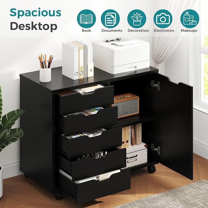 OLIXIS Under Desk Mobile File Cabinet, MDF Rolling Printer Storage Cabinet with 5 Drawers & Side Cabinet, Smooth Gliding Office Storage Organizer for Home Office, Black