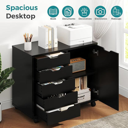 OLIXIS Under Desk Mobile File Cabinet, MDF Rolling Printer Storage Cabinet with 5 Drawers & Side Cabinet, Smooth Gliding Office Storage Organizer for Home Office, Black