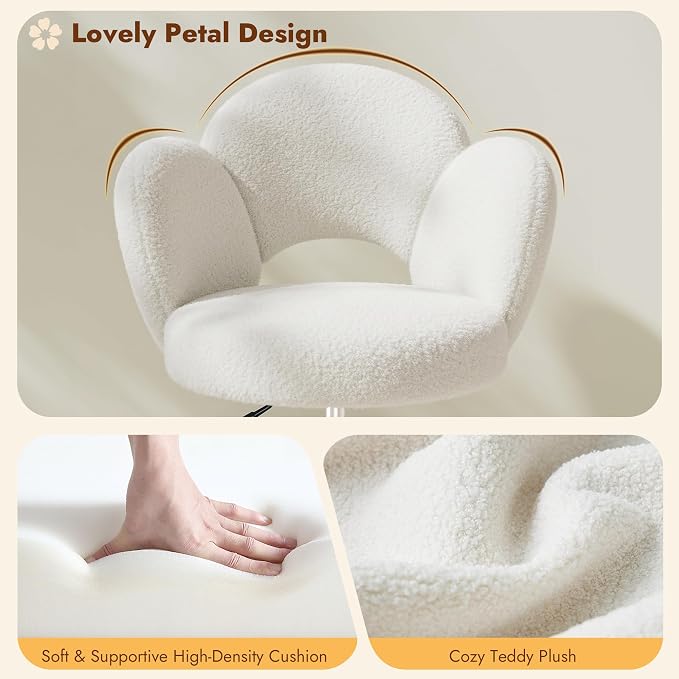 Homkdom Petal Vanity Chair with Wheels, 3.94" Thick Comfy Desk Chair, Swivel Armless Chair with Open Back and Adjustable Height, Ideal for Makeup Study Work and Relaxation, White