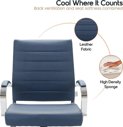 LeisureMod Benmar Leather Office Desk Chair, Mid-Back Ergonomic Swivel Chair with Lumbar Support, Adjustable Height, Tilt Lock, Cushioned Seat & Back, Home Office Task Chair (Navy Blue, Set of 2)
