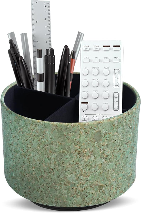 Round Leather Art Supply Organizer,Remote Control Holder,360 Degree Spinning,Multi-Functional Pencil Holder,4 Compartments Desktop Stationary Organizer(1-Soft Green)