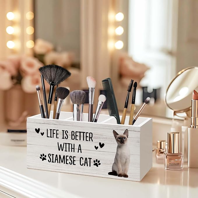 Siamese Cat Gifts Pen Holder for Desk, Gifts for SiameseCat Lovers Owners Pencil Organizer, Life is Better with A Siamese Cat Wood Pen Holder Desk Accessories Decor for Home Office