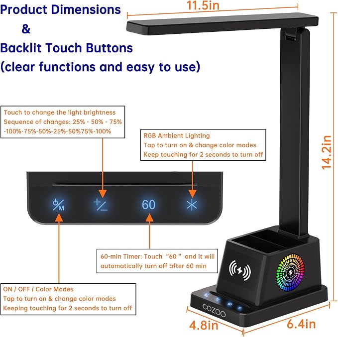 cozoo LED Desk Lamp for Home Office, Desk Light with 15W Wireless Charger Pen Holder, 12 Lighting Modes Desk Lamp for Bedroom, Small Table Lamp for College Dorm, Study, Craft, Nail, Matte Black