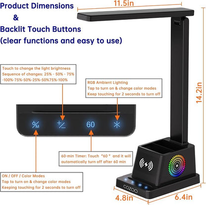 cozoo LED Desk Lamp for Home Office, Desk Light with 15W Wireless Charger Pen Holder, 12 Lighting Modes Desk Lamp for Bedroom, Small Table Lamp for College Dorm, Study, Craft, Nail, Matte Black