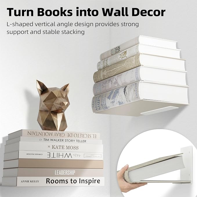 STORAGE MANIAC Floating Book Shelves for Wall Mounted Invisible Floating Bookshelves Heavy-Duty Steel Hidden Bookshelf Hanging Bookshelves for Bedroom Living Room Office, White 3-Pack Extra Large