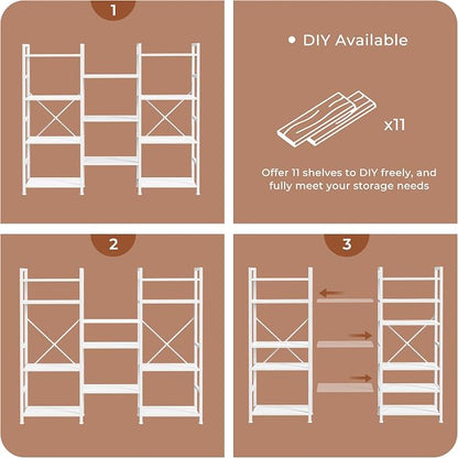 SUPERJARE Triple Bookshelf, Bookcase with 11 Open Display Shelves, Wide Book Shelf Book Case for Home & Office, 4 Tier, White