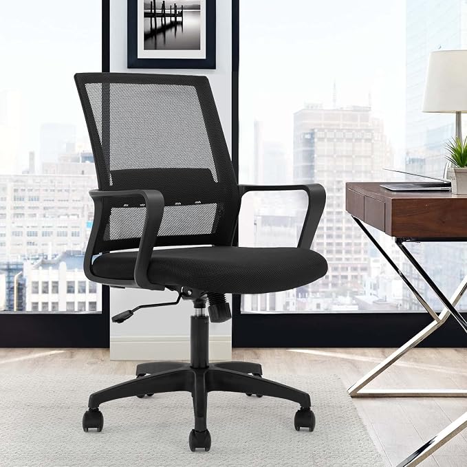 FDW Office Chair Ergonomic Desk Chair Mid-Back Mesh Computer Chair Lumbar Support Comfortable Executive Adjustable Rolling Swivel Task Chair with Armrests,Black
