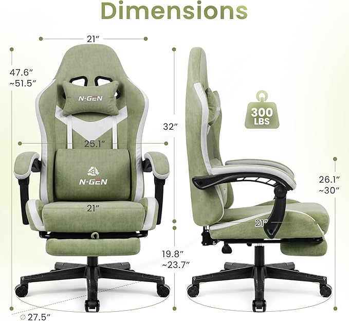 N-GEN GAMING Video Gaming Chair with Footrest Lumbar Support for Home Office High Back Recliner Height Adjustable Ergonomic Comfy Fabric Computer Desk Chair (Green)