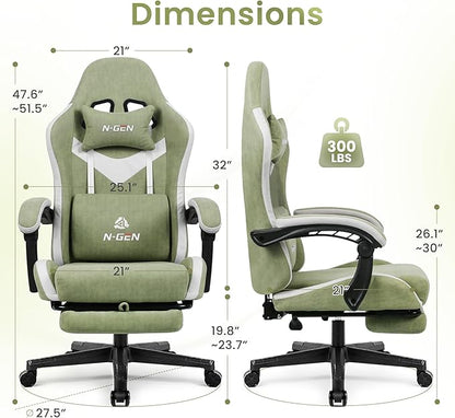 N-GEN GAMING Video Gaming Chair with Footrest Lumbar Support for Home Office High Back Recliner Height Adjustable Ergonomic Comfy Fabric Computer Desk Chair (Green)