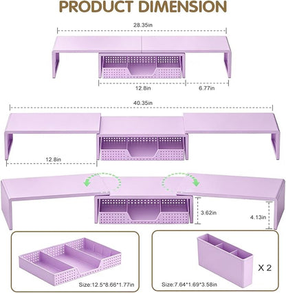 LEKETREE Dual Monitor Stand Riser with Drawer, Desk Organizer and Accessories, Monitor Stand for Desk, Desktop Stand for Computer, Laptop, TV and More (Purple)