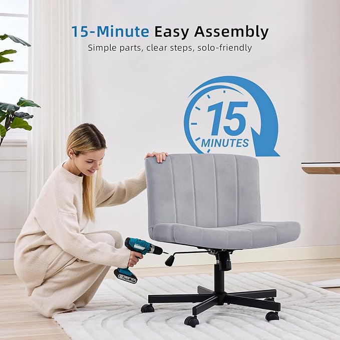 amseatec Criss Cross Chair, Wide Cross Legged Desk Chair with Wheels, Comfy Fabric Vanity Chair for Home Office, Adjustable Armless Swivel Task Chair with 90–115°Tilt（300Lbs/Gray）