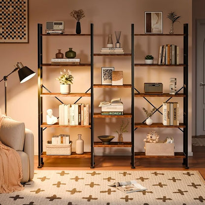 Furologee Triple Column 5 Tier Bookshelf, Large Bookcase with 14 Display Shelves, Adjustable Book Shelf with 6 Hooks, Rustic Bookshelves Storage Organizer, Shelving Unit for Living Room, Bedroom