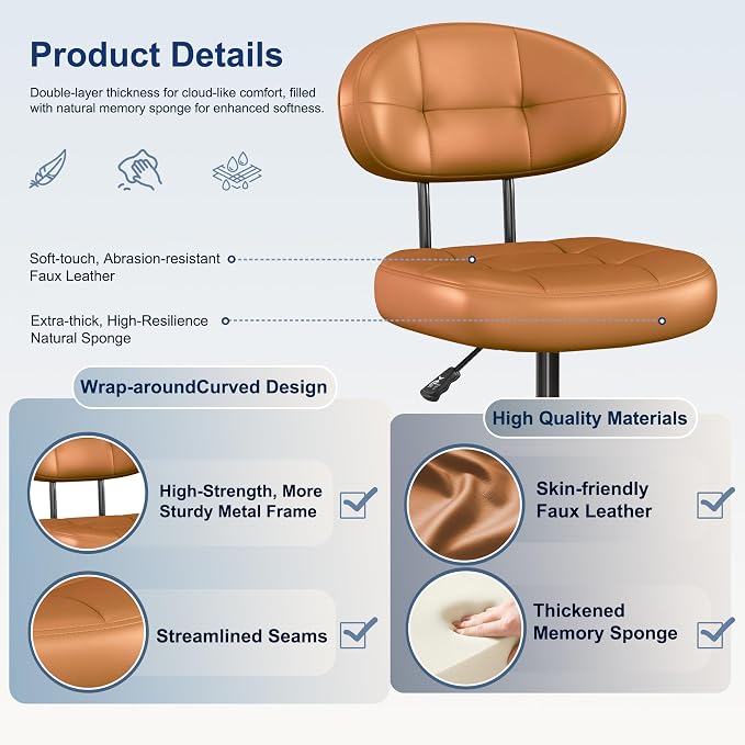 Misolant Small Office Chair, Armless Desk Chair with back, Cute Vanity Chair with wheels and Lumbar support, Comfy PU Leather Computer Chairs with Adjustable Height for Small Space, makeup Home, Brown