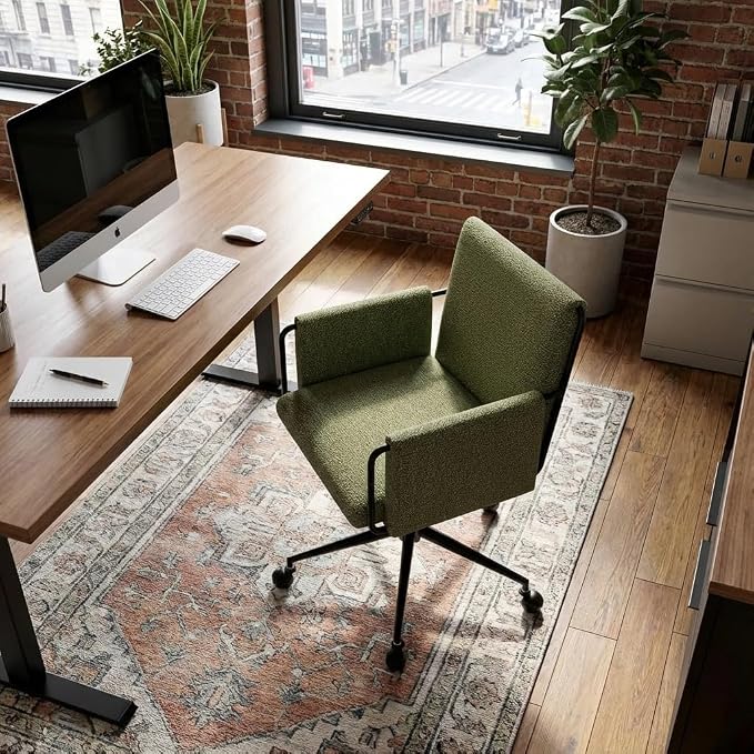 YOUNIKE Wide Seat Home Office Chair with Arms Modern Desk Chair with Wheels Fabric Vanity Chairs with Comfy Back Cross Legs Adjustable Swivel Rolling Computer Task Chair for Study Bedroom Makeup Green