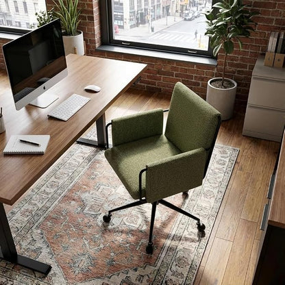 YOUNIKE Wide Seat Home Office Chair with Arms Modern Desk Chair with Wheels Fabric Vanity Chairs with Comfy Back Cross Legs Adjustable Swivel Rolling Computer Task Chair for Study Bedroom Makeup Green