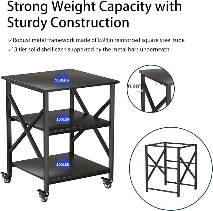 Printer Stand, 23.6 x 23.6 Inches Large Printer Stand with Adjustable Storage Shelf, 3 Tier Printer Table for Home Office, Rolling Printer Cart with Industrial Wheels, Mini Fridge Stand Table, Black