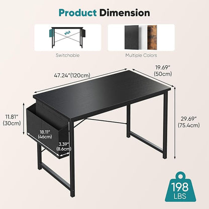 OLIXIS Computer Desk, 47 Inch Home Office Desks for Small Spaces, Writing Craft Study Gaming Table for Bedroom, Modern Computer Workstation with Storage Bag and Headphone Hook, Black
