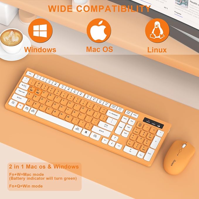 Wireless Keyboard and Mouse Combo, Reccazr 2.4G Full-Sized Keyboard and Mouse Cordless, 3 DPI Adjustable Mouse, Dual-System Keyboard for Computer/Laptop/Windows/Mac (Orange-A)