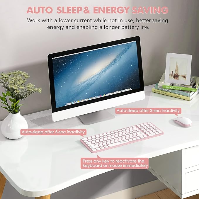 Wireless Keyboard and Mouse Combo,XTREMTEC 2.4GHz Quiet Slim Cute Round Keycap Compact Size Pink Kawaii Cordless Retro Keyboard and Mouse Set Home Office Accessories for Mac/Windows(Sakura Pink)