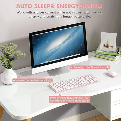Wireless Keyboard and Mouse Combo,XTREMTEC 2.4GHz Quiet Slim Cute Round Keycap Compact Size Pink Kawaii Cordless Retro Keyboard and Mouse Set Home Office Accessories for Mac/Windows(Sakura Pink)