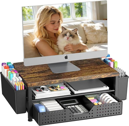 OPNICE Wood Desk Organizers and Accessories, 2-Tier Computer Monitor Stand Riser with Drawer and 2 Pen Holders, Laptop Stand, Office Desk Accessories for Office Supplies, Brown