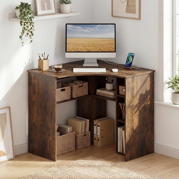 Tangkula Corner Desk with Charging Station, 90-Degree Triangle Computer Desk with Ergonomic Curved Edge & Open Storage Shelves, Writing Study Desk for Small Spaces Home Office