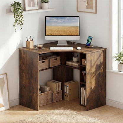 Tangkula Corner Desk with Charging Station, 90-Degree Triangle Computer Desk with Ergonomic Curved Edge & Open Storage Shelves, Writing Study Desk for Small Spaces Home Office