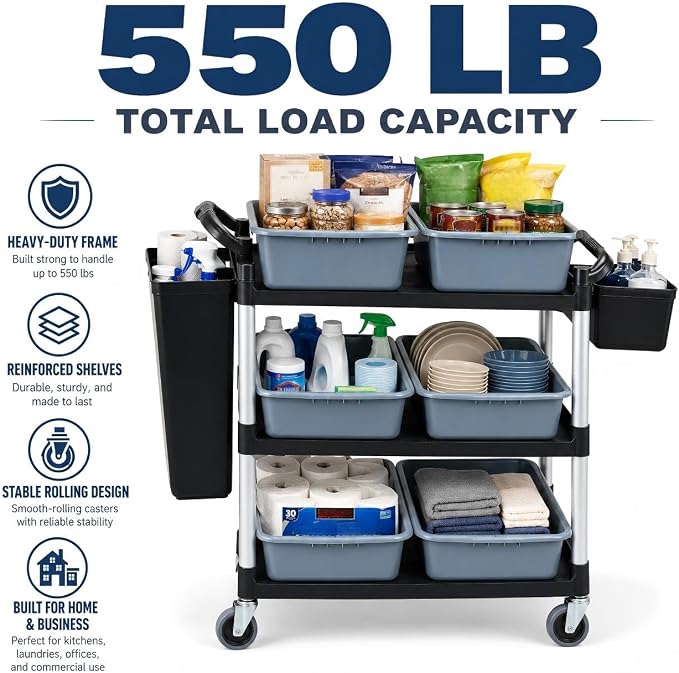 Storage Cart 3 Tier Heavy Duty Commercial Grade Utility Cart,Dish Cart for Restaurant,Multi-Function Mobile Shelving Unit Organizer for Hotel,Restaurant,Kitchen,Laundry Room with 6 Basin 2 Barrels