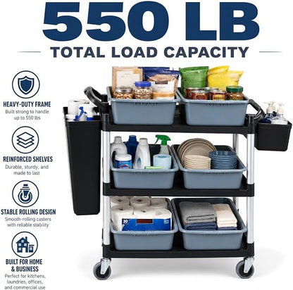 Storage Cart 3 Tier Heavy Duty Commercial Grade Utility Cart,Dish Cart for Restaurant,Multi-Function Mobile Shelving Unit Organizer for Hotel,Restaurant,Kitchen,Laundry Room with 6 Basin 2 Barrels