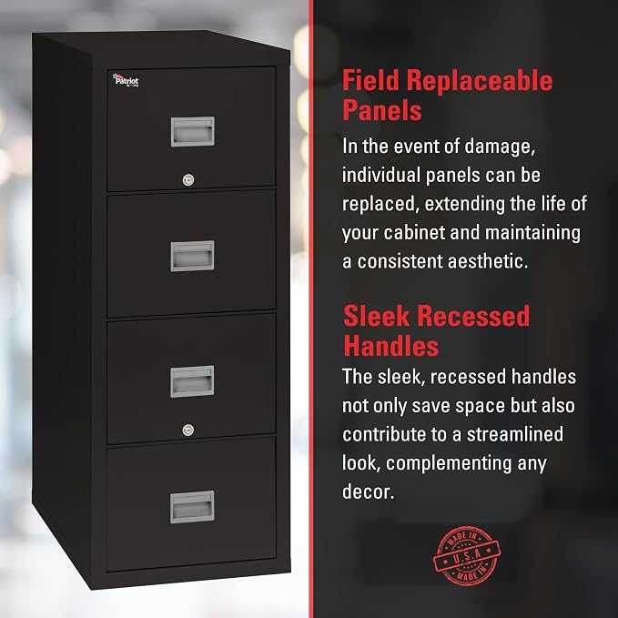 FireKing Patriot Vertical 4 Drawer Legal & Letter Fire Safe File Cabinet, Key Lock, 1 Hour Fire Rated UL Rated & Water Resistant, USA Made, Black