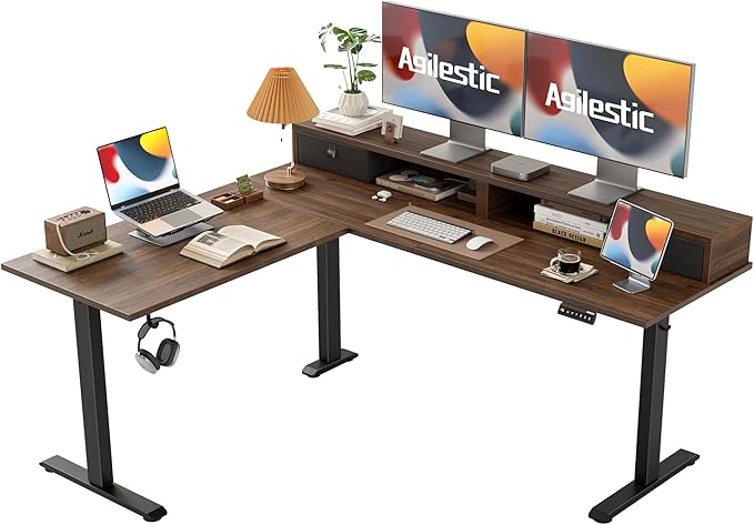 Agilestic L Shaped Electric Standing Desk with 2 Drawers, 63 Inch Ergonomic Adjustable Height Desk with Storage, Corner Desk Sit Stand up Computer Table for Work Office Home, Dark Walnut