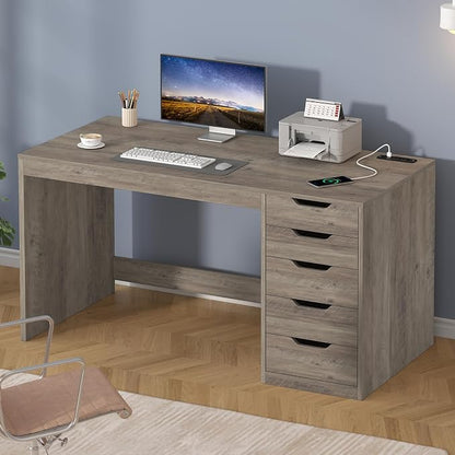YOMILUVE 47 Inch Computer Desk with 5 Drawers and Power Outlets, Home Office Desks with Storage File Cabinet, Modern Simple Laptop Desk Writing Table for Small Spaces, Grey