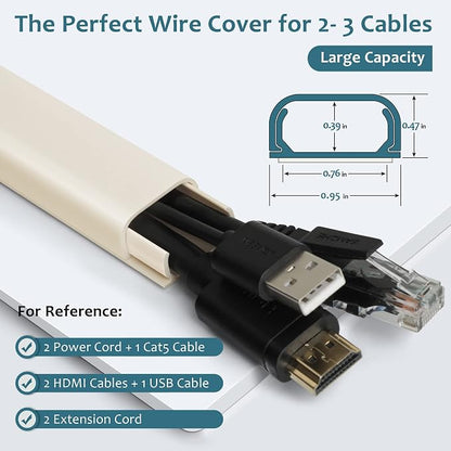 Wire Covers for 2-3 Cords, 43.7in Cord Hider, Wire Hiders for TV on Wall, Paintable Cable Cover Channel, Cable Management Raceway Kit for Wall Mounted TV in Home Office, 0.95in W X 0.47in H, Beige