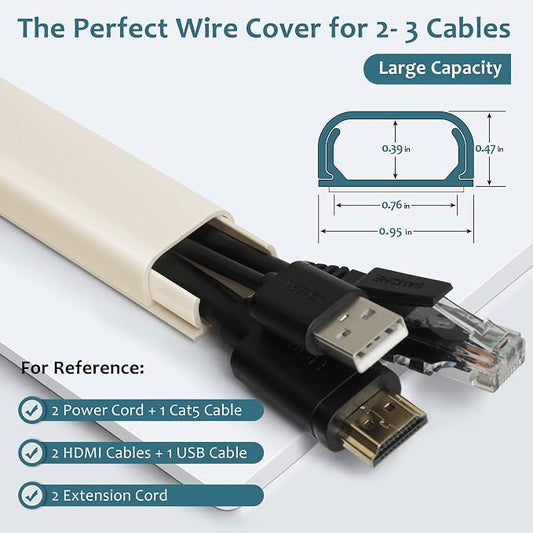 Wire Covers for 2-3 Cords, 43.7in Cord Hider, Wire Hiders for TV on Wall, Paintable Cable Cover Channel, Cable Management Raceway Kit for Wall Mounted TV in Home Office, 0.95in W X 0.47in H, Beige