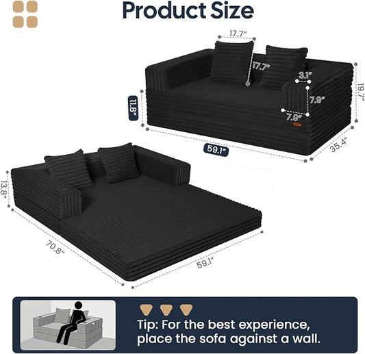 COMAX Futon Sofa Bed, 4‑in‑1 Convertible Sofa Bed, Folding Boneless Couches | Boneless Couch for living room, Fold Out Small Foldable Loveseat Floor Sleeper Mattress Lounge Space‑Saving, Jet Black