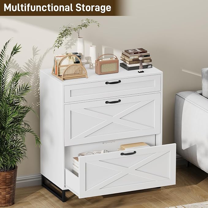 Halitaa File Cabinet 3 Drawers Lateral File Cabinet for Letter/Legal/A4 Size Hanging Files, Large Wood File Storage Cabinets Printer Stand for Home Office, White and Black