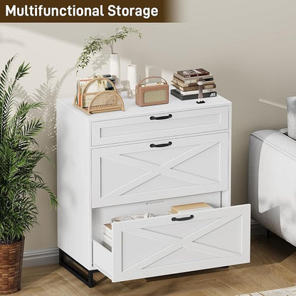 Vabches Lateral File Cabinet, Modern Farmhouse File Cabinet with 3 Drawers for Legal/Letter/A4 Size Hanging Files, Printer Stand Large Wood Home Office, Office White