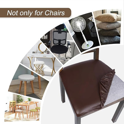 SearchI Waterproof PU Leather Seat Covers for Dining Chairs, 2 Pack Stretch Dining Room Chair Seat Covers, Kitchen Chair Seat Covers Protectors (Brown)