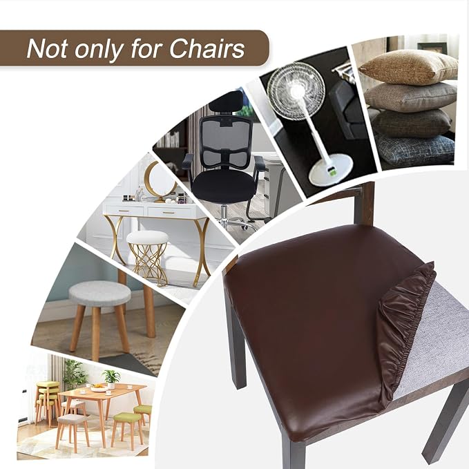 SearchI Waterproof PU Seat Covers for Dining Chairs, 6 Pack Stretch Faux Leather Chairs Covers, Kitchen Chair Cover Protectors (Brown)