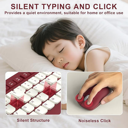 Wireless Keyboard and Mouse Combo, Full-Sized Wireless Keyboard and Adjustable DPI Mouse, 2.4GHz USB Receiver, Keyboard and Mouse for PC, Windows, Desktop, Laptop (Wine Red-B)