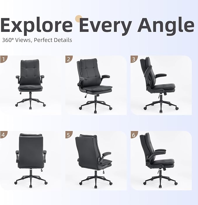 VINGLI Comfy Black Leather Office Desk Chair,Ergonomic High-Back Support Computer Gaming Chair with/No Wheels,Dual-Base,Adjustable Height,Flip-Up Arms,360° Swivel Rolling Task Chair for Home Office