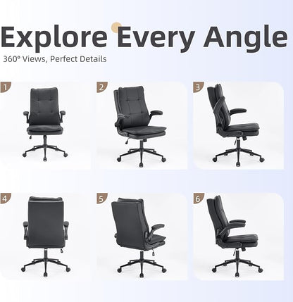 VINGLI Comfy Black Leather Office Desk Chair,Ergonomic High-Back Support Computer Gaming Chair with/No Wheels,Dual-Base,Adjustable Height,Flip-Up Arms,360° Swivel Rolling Task Chair for Home Office
