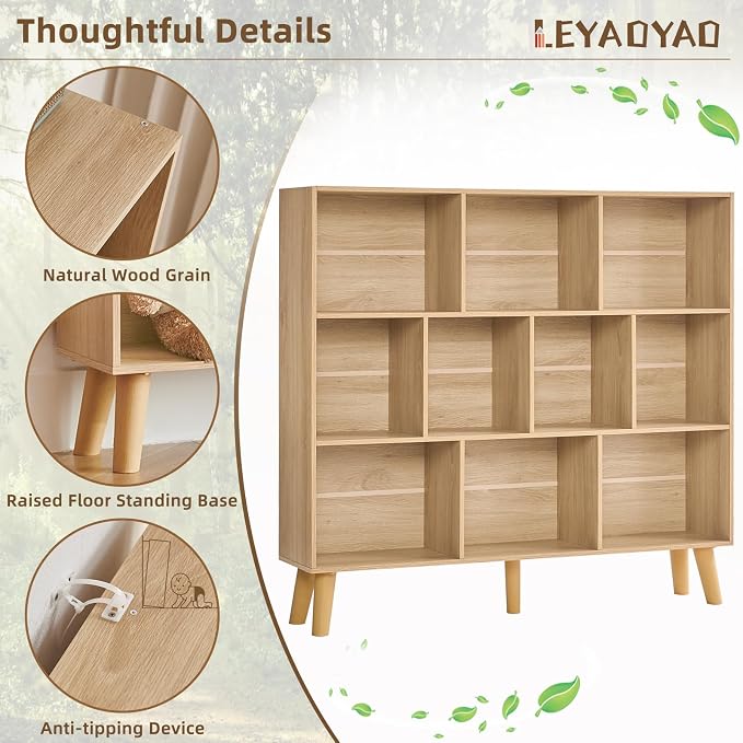 LEYAOYAO 10 Cube Bookshelf,3 Tier Modern Wide Bookcase with Legs,Mid-Century Wood Bookshelves Storage,Light Wood Large Book Case,Freestanding Organizer Display Shelf for Bedroom,Living Room,Office