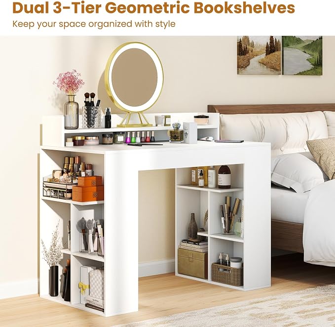 GOFLAME Computer Desk, 43” Home Office Desk with Power Outlets, Monitor Shelf, Bookshelf & Cable Hole, Modern Study Writing Desk, PC Workstation for Living Room Bedroom, White