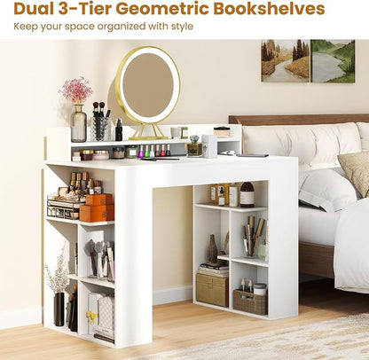 GOFLAME Computer Desk, 43” Home Office Desk with Power Outlets, Monitor Shelf, Bookshelf & Cable Hole, Modern Study Writing Desk, PC Workstation for Living Room Bedroom, White